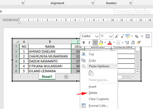 Menghapus baris, kolom atau tabel di Microsoft Word dengan cepat