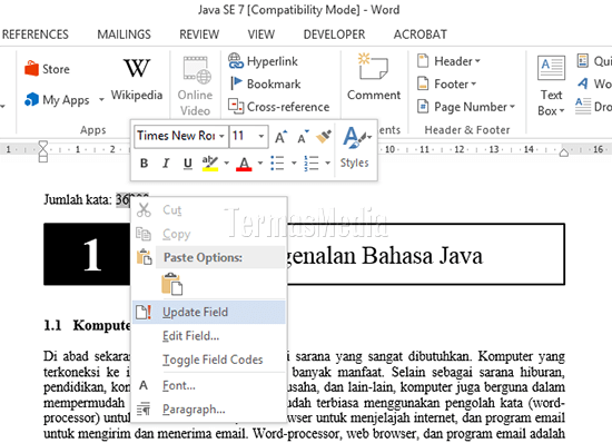Menyisipkan hitungan kata (word count) di Dokumen Word