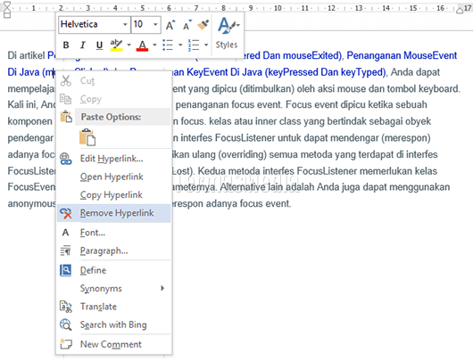 Menghapus hyperlink dari Microsoft Word