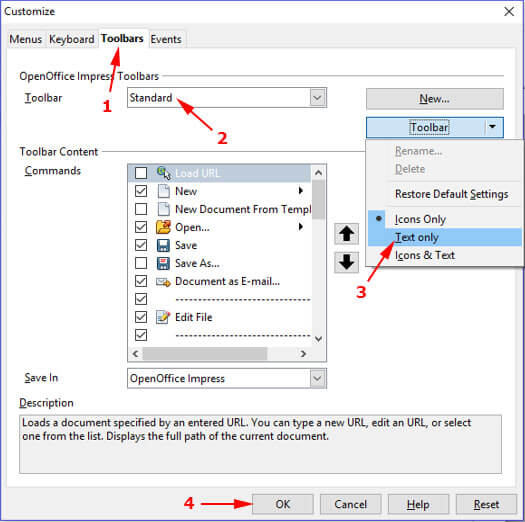 Mengrubah tampilan tombol toolbar menjadi teks di OpenOffice Impress