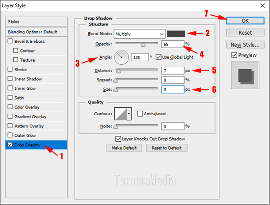 Cara memberi atau menggunakan efek Drop Shadow di Photoshop