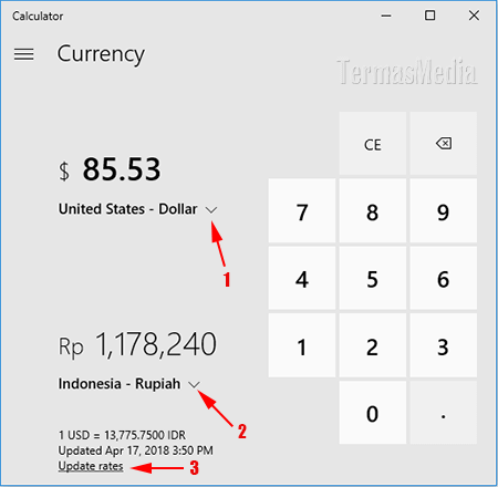 Mengkonversi mata uang dengan Windows Calculator