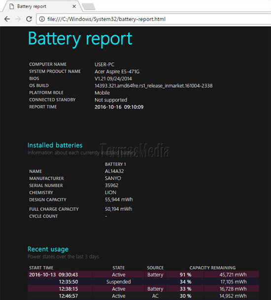 Menampilkan laporan rinci baterai laptop di Windows 10