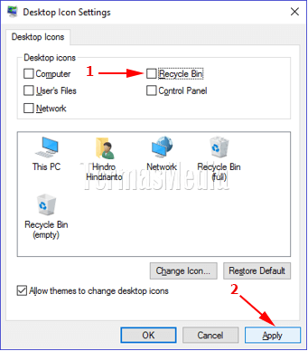 Menyembunyikan atau menghapus ikon Recycle Bin dari desktop Windows 10