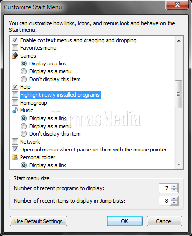 Mencegah penyorotan program baru di start menu Windows