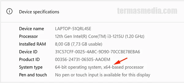 Memeriksa laptop Windows menggunakan arsitektur prosesor x64 atau arm64