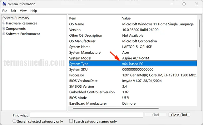 Memeriksa laptop Windows menggunakan arsitektur prosesor x64 atau arm64