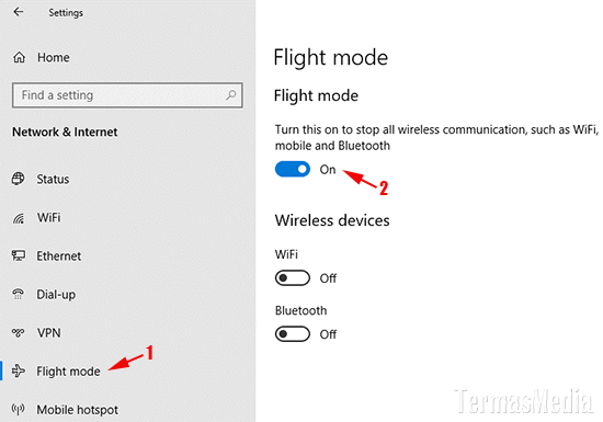 Mengaktifkan menonaktifkan fitur flight airplane mode di Windows 10