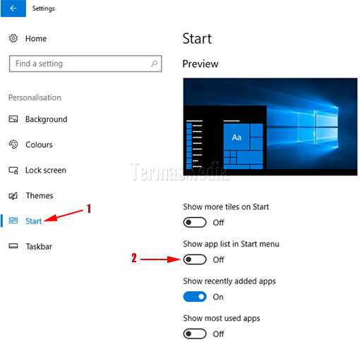 Menyembunyikan daftar aplikasi (App List) di Start Menu Windows
