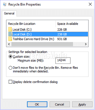 Mengubah ukuran penyimpanan maksimum Recycle Bin di Windows 10