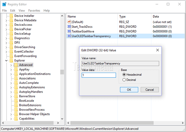 Cara membuat taskbar Windows lebih transparan melalui registry